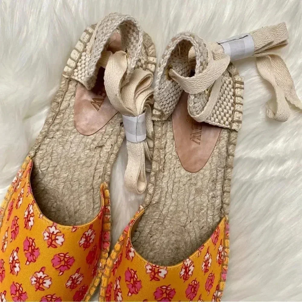 J.Crew Factory Printed Canvas Ankle Wrap Espadrille Sandals Orange Floral 8